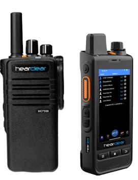 HearClear HC3500 push-to-talk radio beside a rugged smartphone running a PTT app