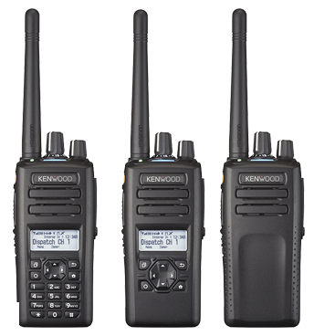 Two KENWOOD portable two-way radios shown front and back, one displaying DISPATCH